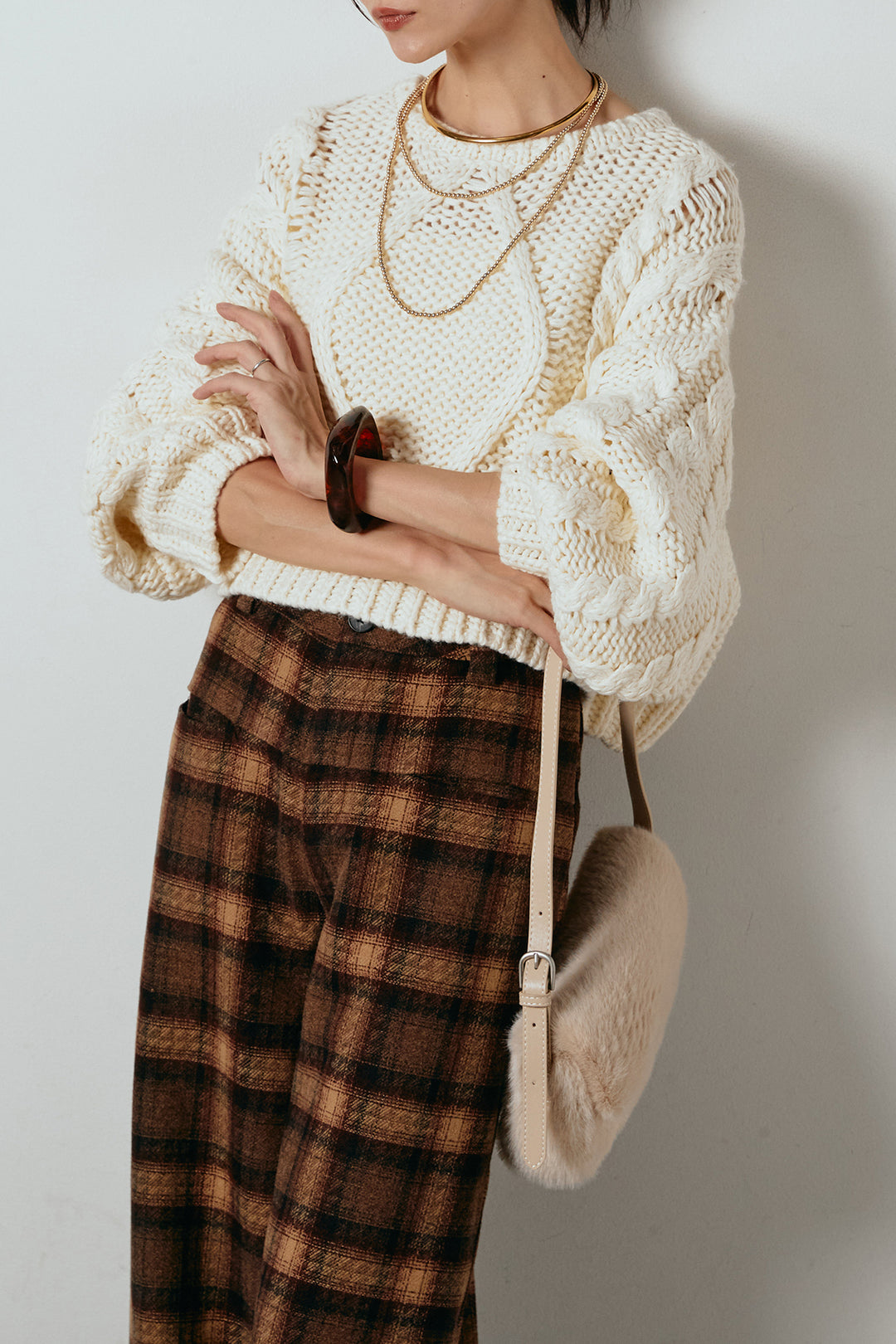 [SET]ロービングケーブルショート丈プルオーバー+ルーズタータンチェックワイドパンツ(2set)