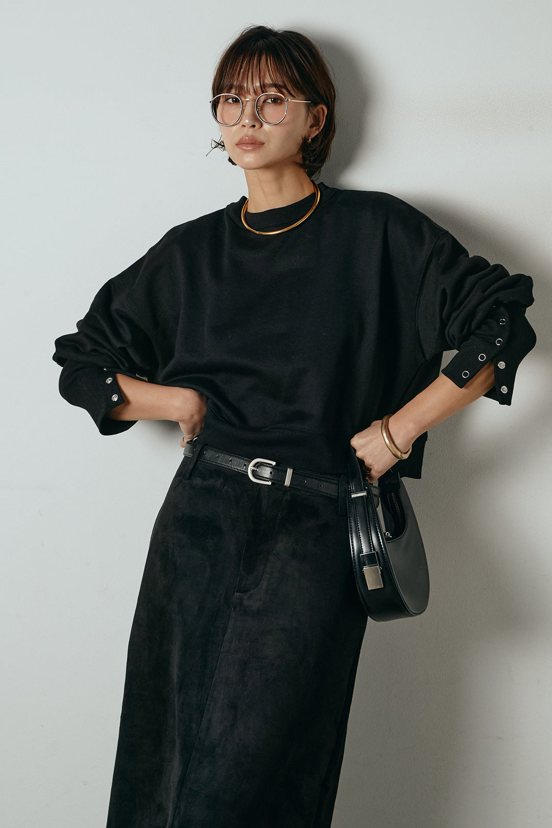 [SET]裏毛バックオープンプルオーバー+エコスウェードワイドスカート(2set)