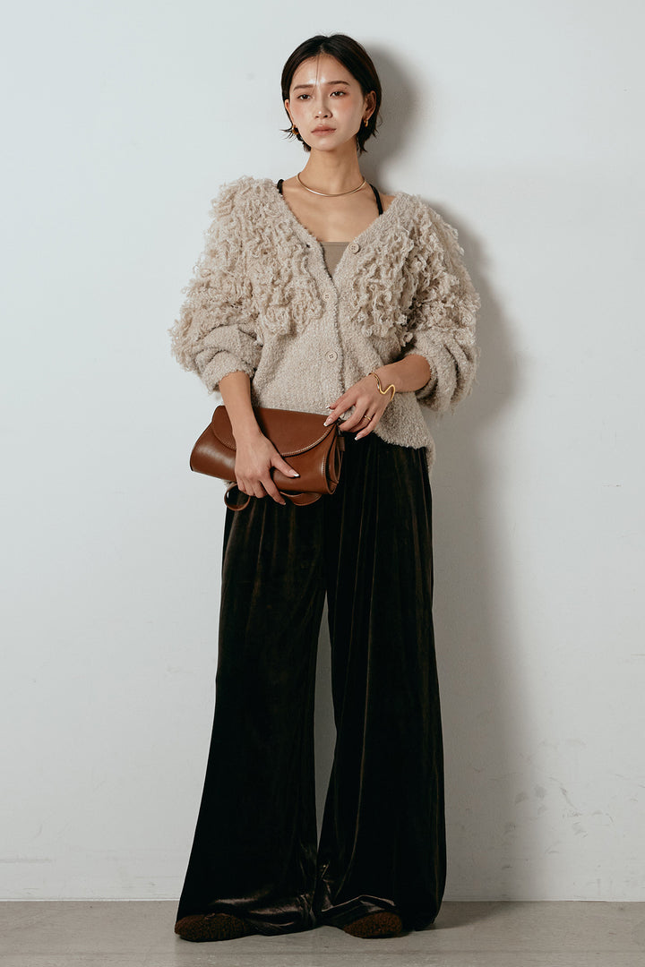 [SET]ループ編みVネックニットカーディガン+ベロアサスペンダー付きパンツ(2set)