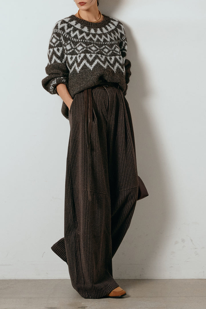 [SET]ノルディック柄Uネックプルオーバー+レザーライク配色ストライプパンツ(2set)