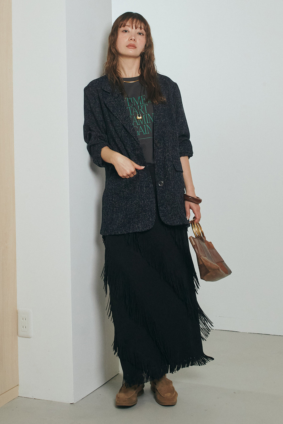 [SET]ミックスツイードベルト付きジャケット+斜めフリンジデザインスカート(2set)