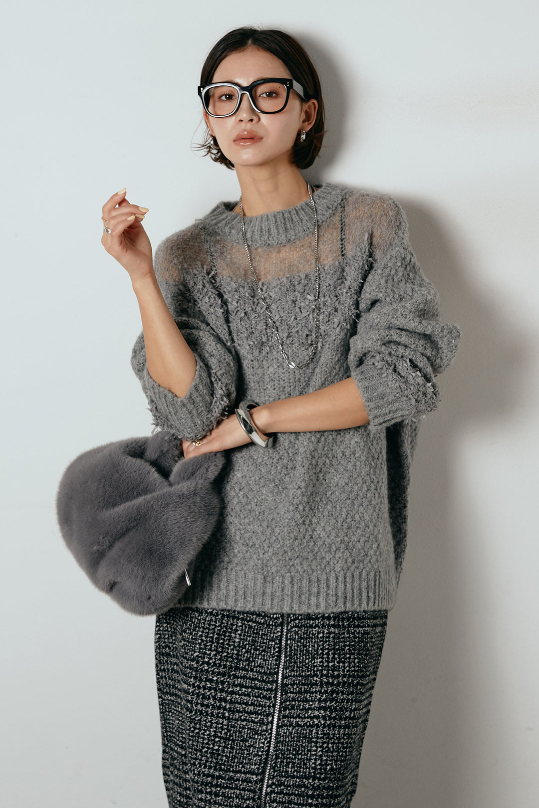 [SET]パターンランダム編みニットトップス+グレンチェック柄フロントジップタイトスカート(2set)