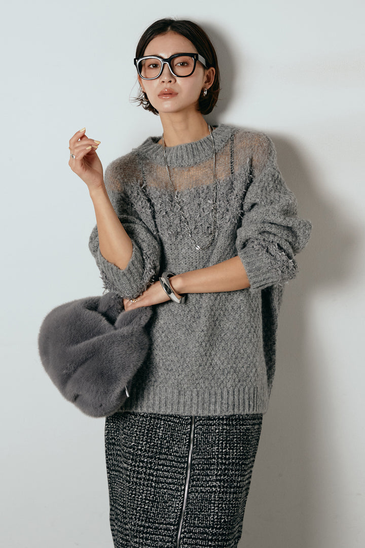 [SET]パターンランダム編みニットトップス+グレンチェック柄フロントジップタイトスカート(2set)