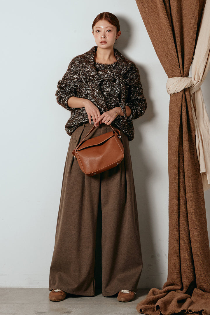 [SET]スカーフ付きミックスニットトップス+細ベルト付き起毛タックワイドパンツ(2set)