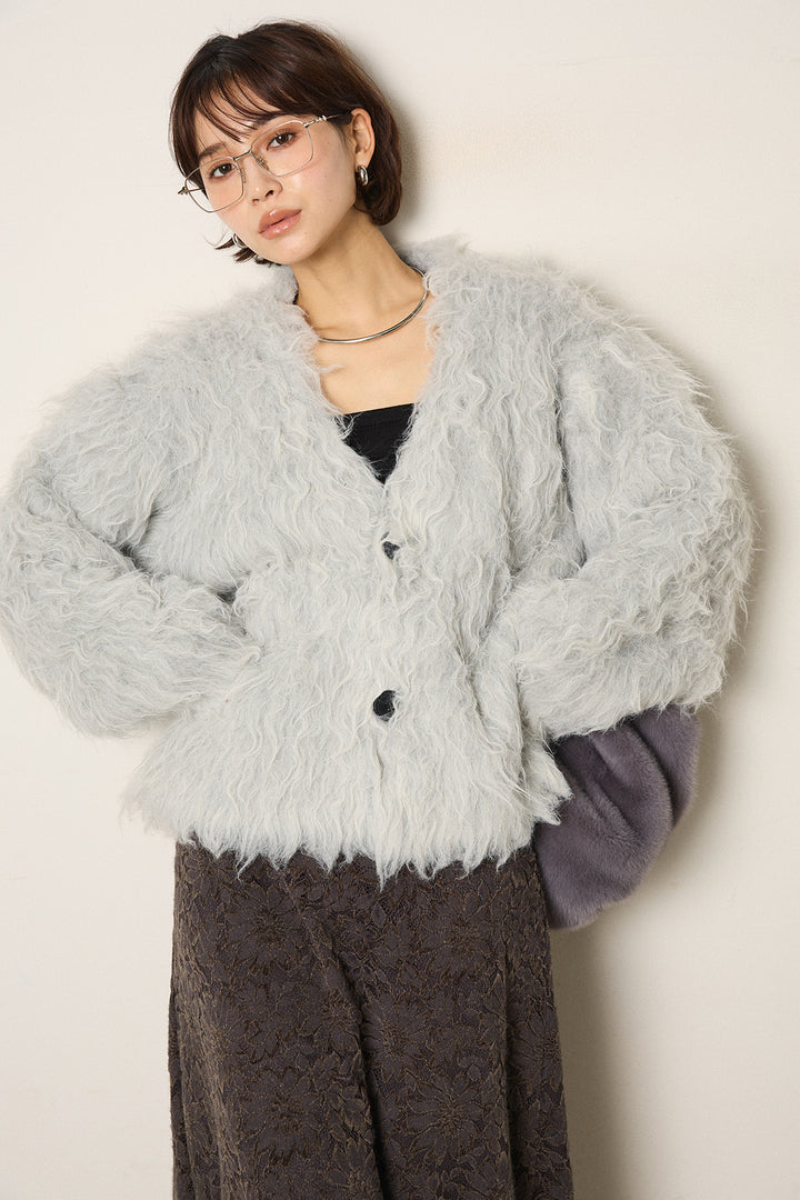 [SET]起毛シャギーニットカーディガン+花柄刺繍ベロアフレアスカート(2set)