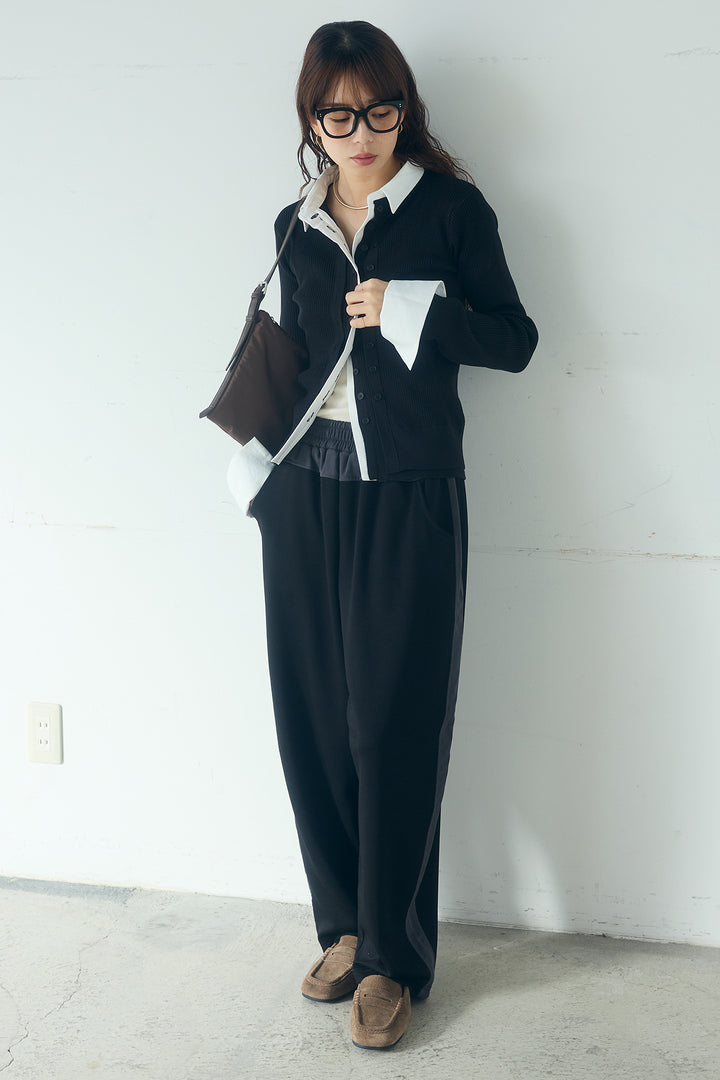 [SET]シャツドッキングボタンニットカーディガン+異素材切り替えスウェットパンツ(2set)