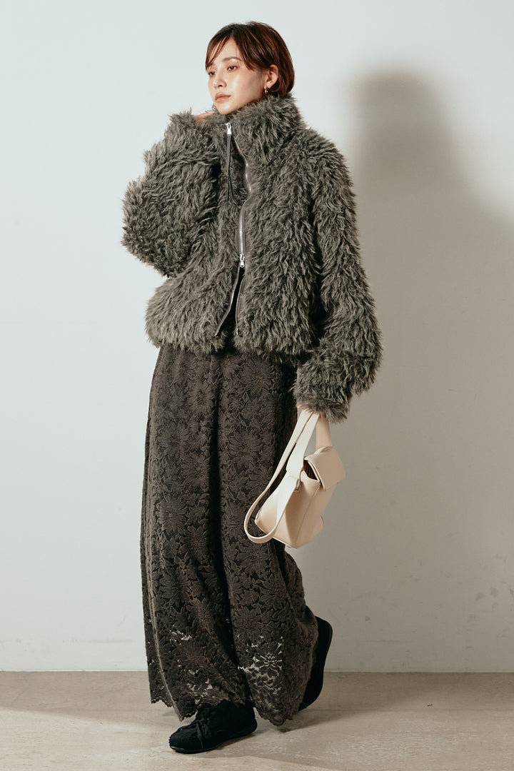 [SET]ミックスシープファースタンドブルゾン+花柄刺繍ベロアフレアスカート(2set)