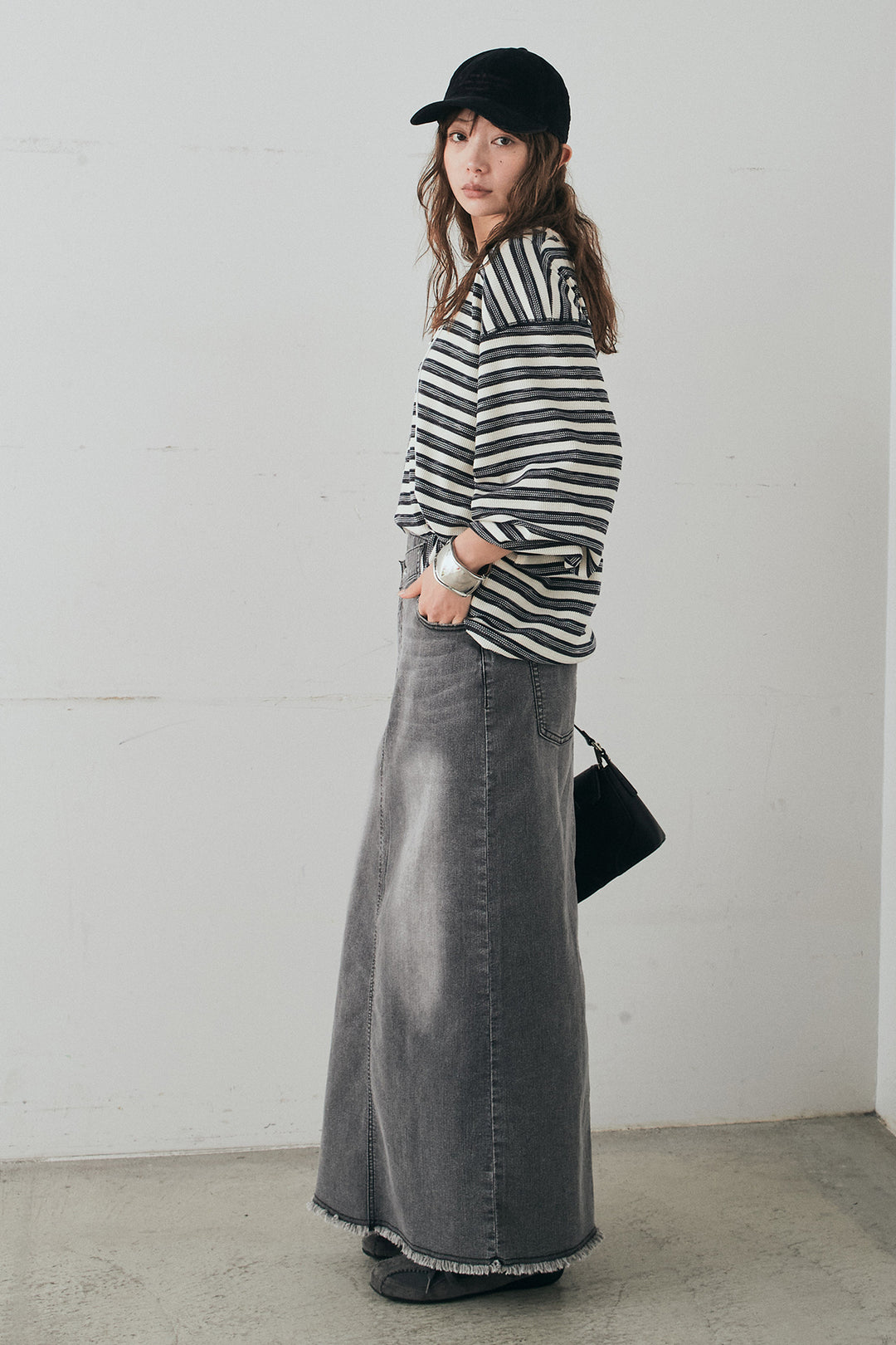 [SET]レースアップワッフルボーダートップス+ウエストクロスデニムタイトスカート(2set)