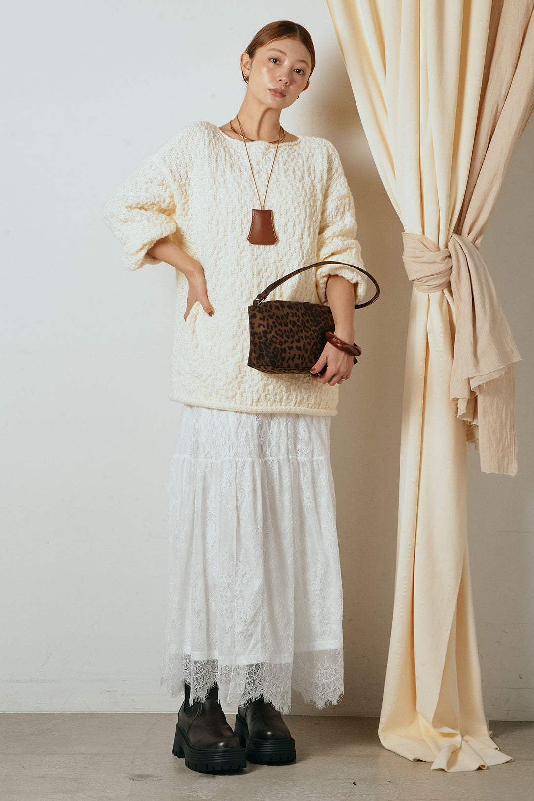[SET]ボリューム編みニットプルオーバー+ひげレース切替ロング丈スカート(2set)