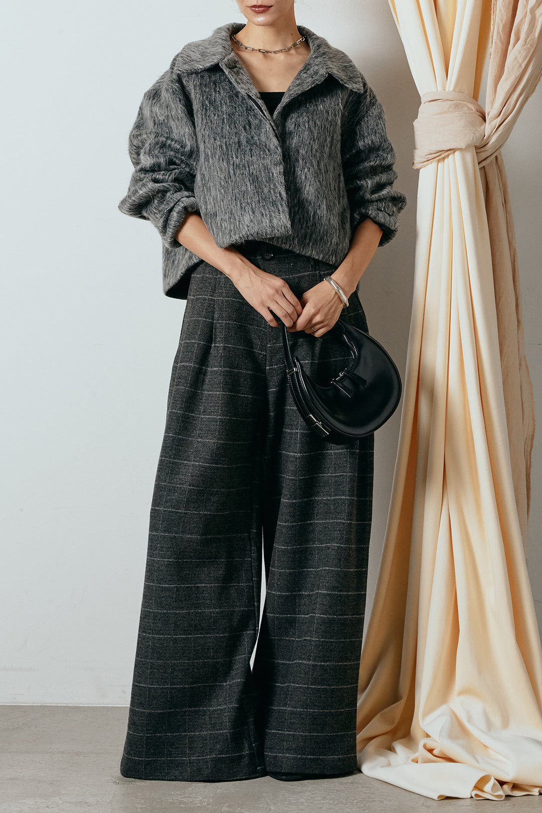 [SET]シャギーショートジャケット+スクエアチェック柄ワイドパンツ(2set)