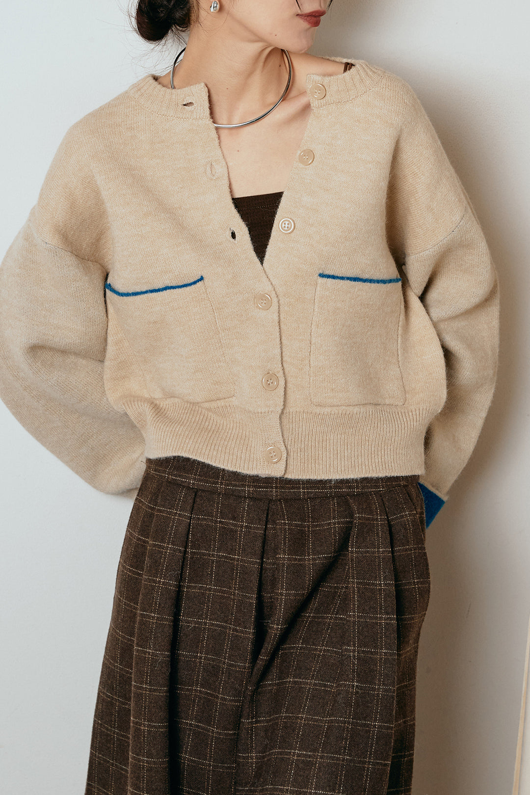 [SET]アルパカタッチダブルフェイスカーディガン+ウールライクチェックタックパンツ(2set)