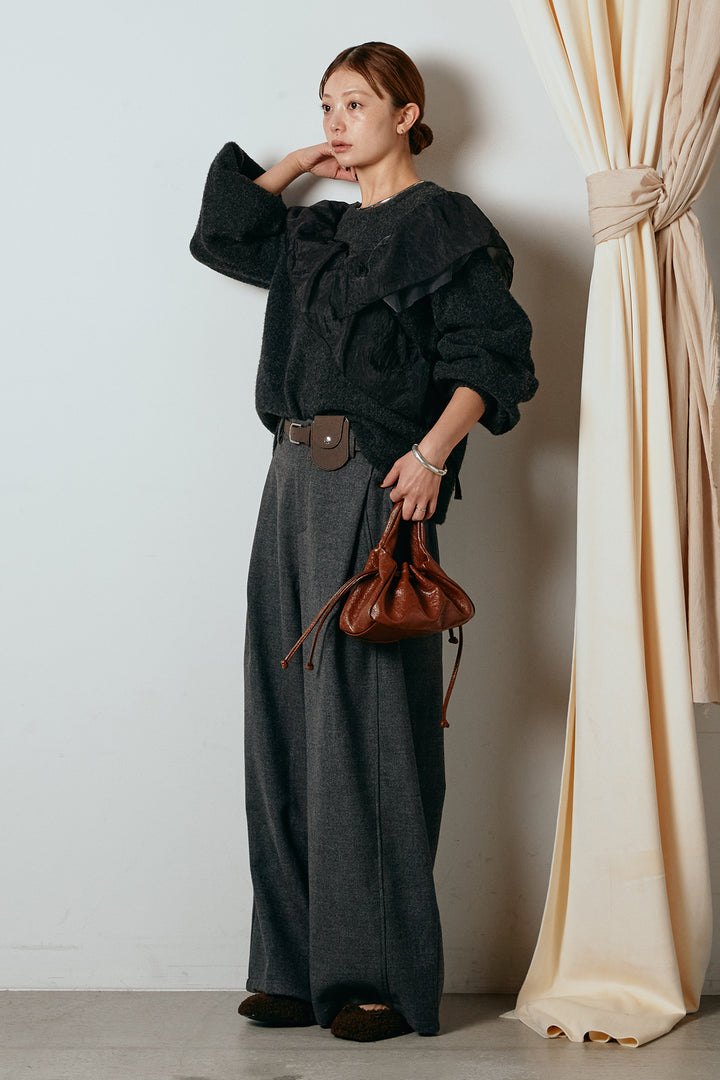 [SET]アシンメトリーフリルニットトップス+ポーチベルト付きカーブパンツ(2set)