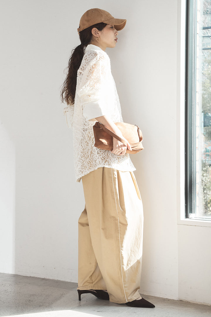 [SET]刺繍レースオーバーサイズシャツ+合繊ツイルパイピングタックカーブパンツ(2set)