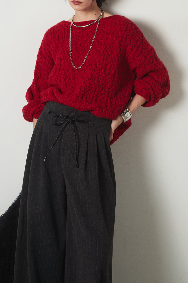 [SET]ボリューム編みニットプルオーバー+編みベルト付きピンストライプワイドパンツ(2set)