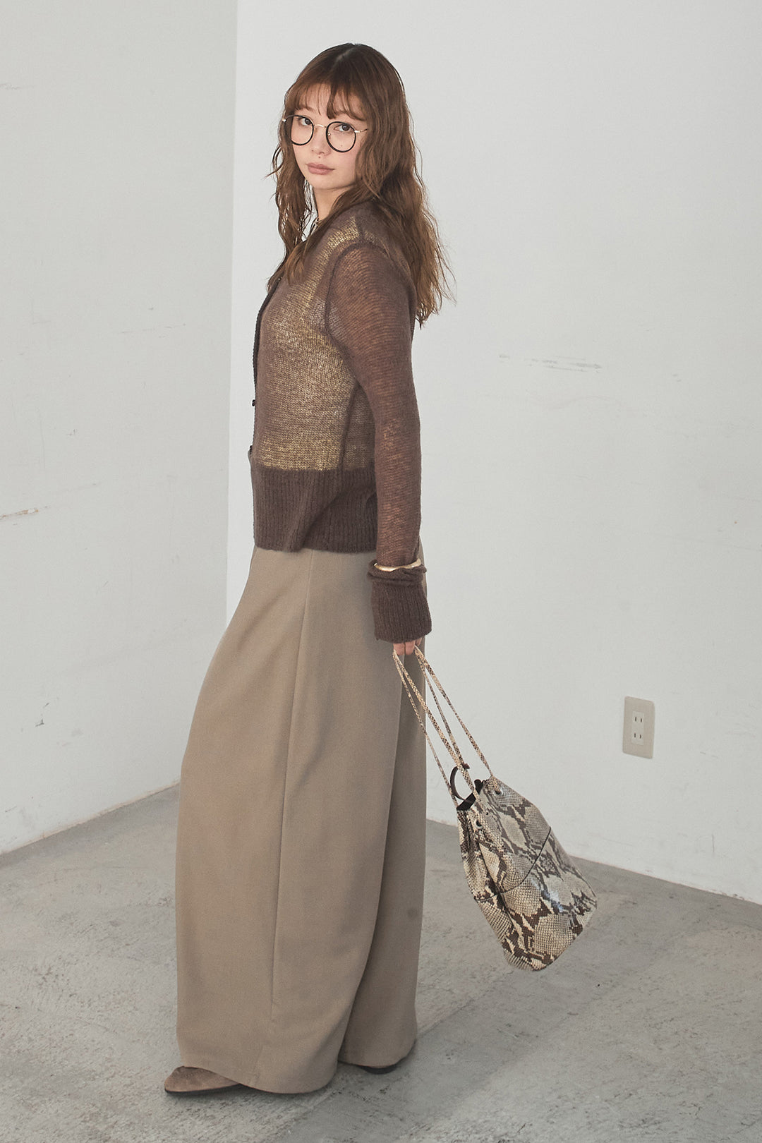 [SET]モヘア透かし編みレイヤードアンサンブルセット+ベルト付きツータックワイドパンツ(2set)