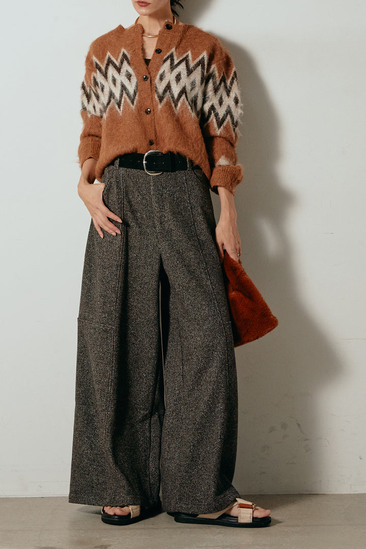 [SET]起毛ノルディック柄ニットカーディガン+太ベルト付きツイードワイドパンツ(2set)