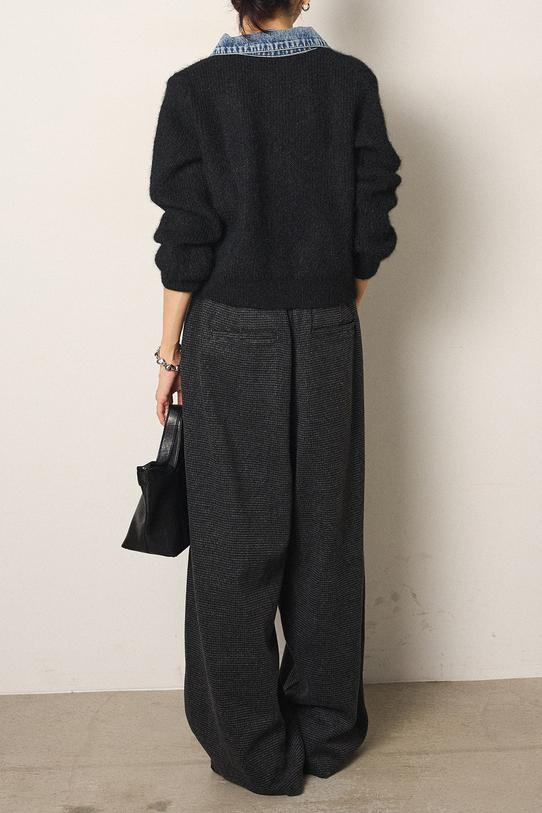 [SET]襟付きデニム切替ニットカーディガン+起毛タック入りツイードワイドパンツ(2set)