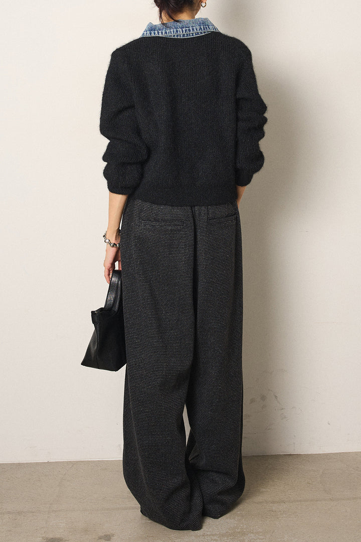 [SET]襟付きデニム切替ニットカーディガン+起毛タック入りツイードワイドパンツ(2set)
