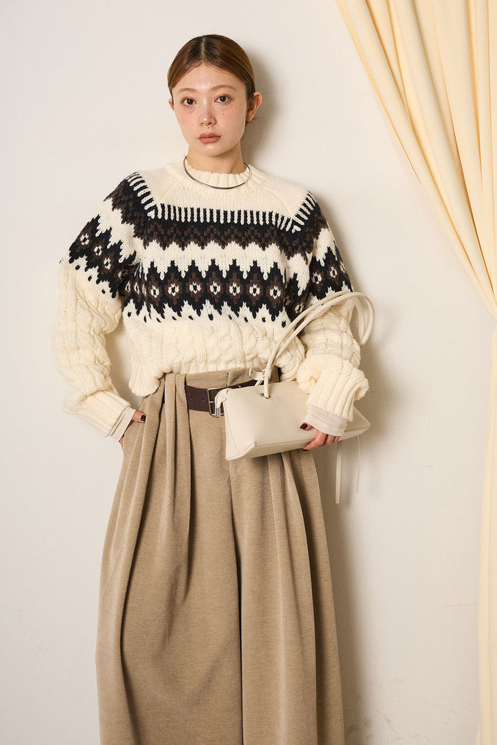 [SET]2WAY求心柄ジャガードショートカーディガン+2WAY袖コード刺繍クルーネックプルオーバー(2set)