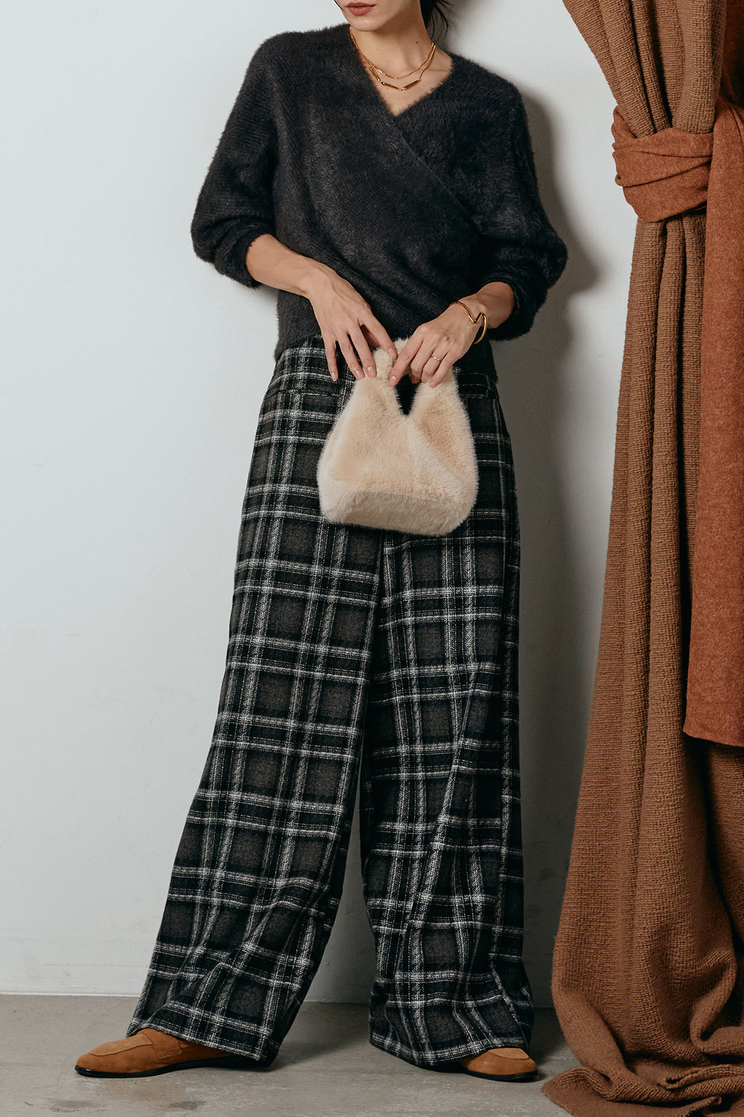 [SET]シャギーカシュクールニットトップス+ルーズタータンチェックワイドパンツ(2set)