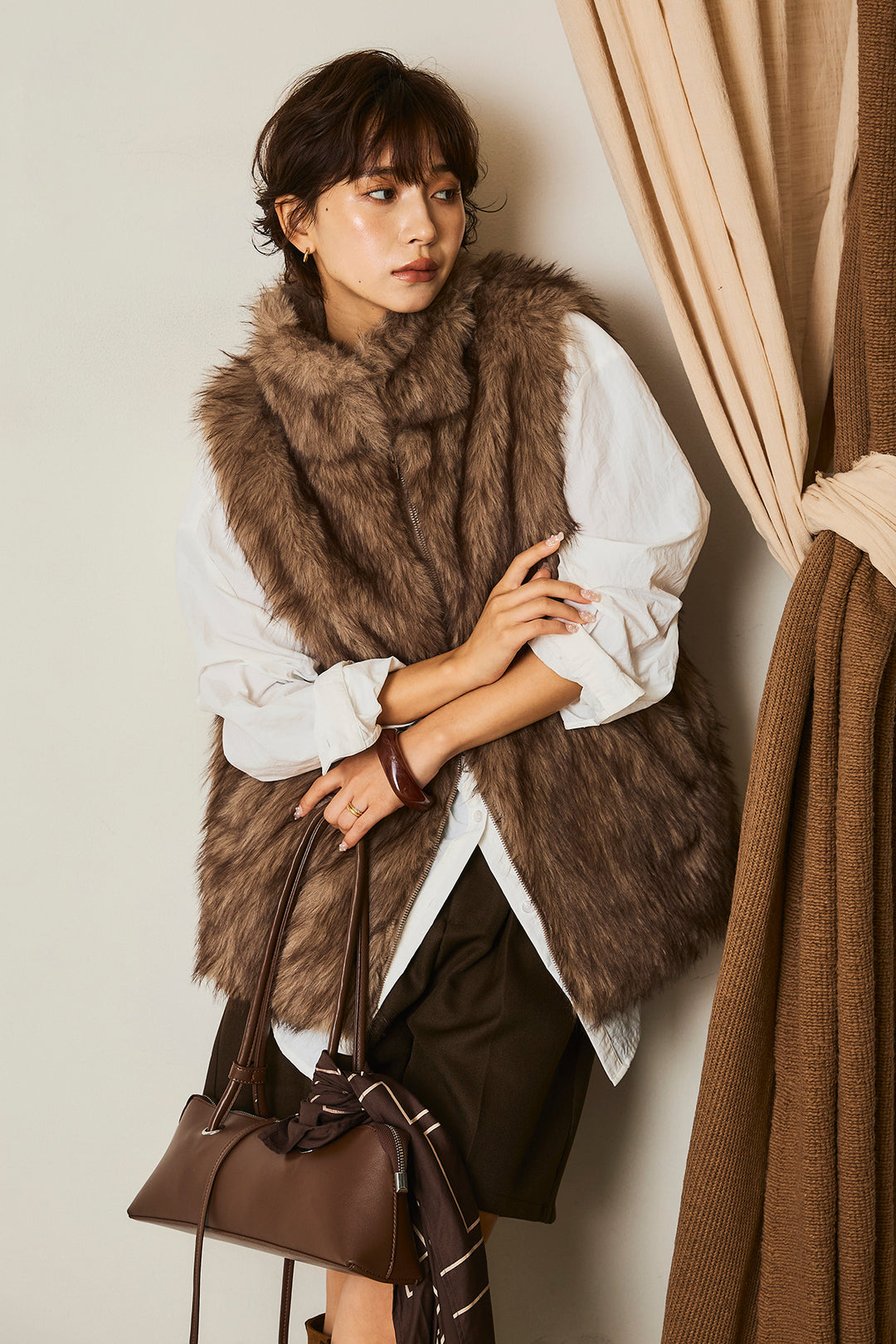 [SET]フェイクファースタンドジレ+ヘザーエステルタックハーフパンツ(2set)