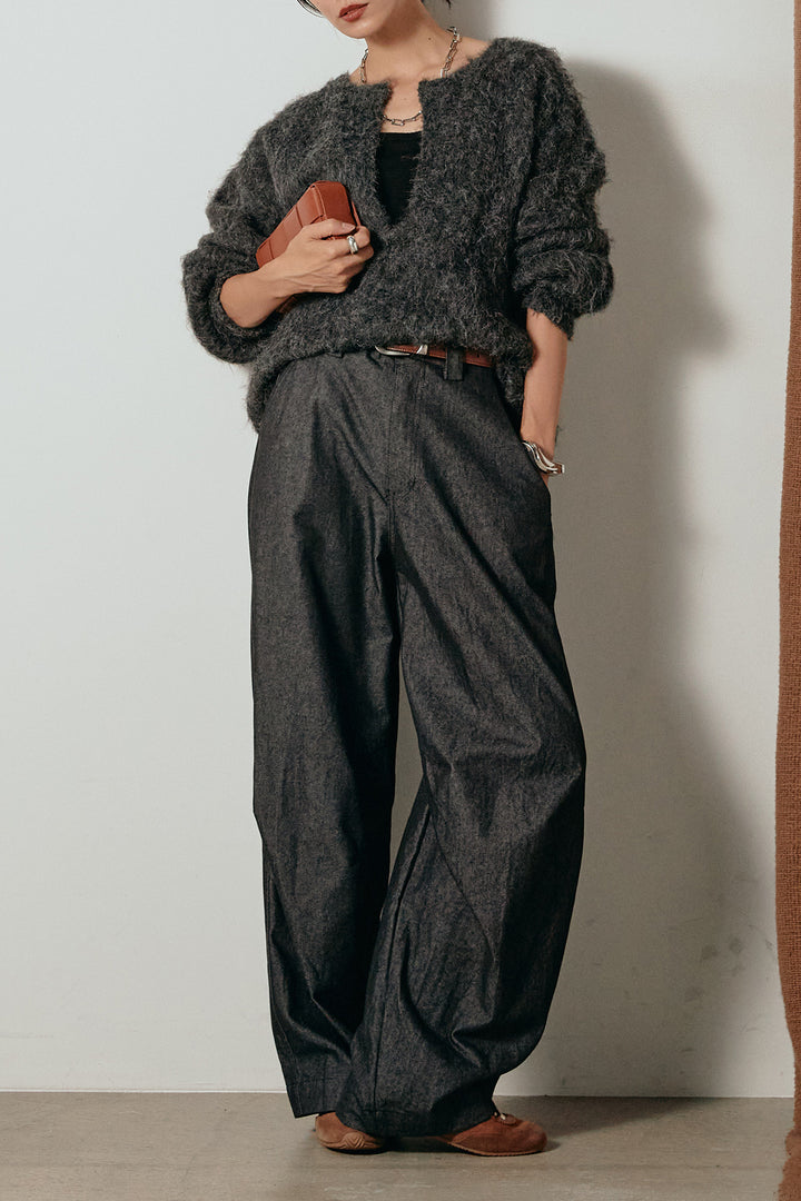 [SET]ミックスシャギー深Vニット+デザインワイドデニムパンツ(2set)
