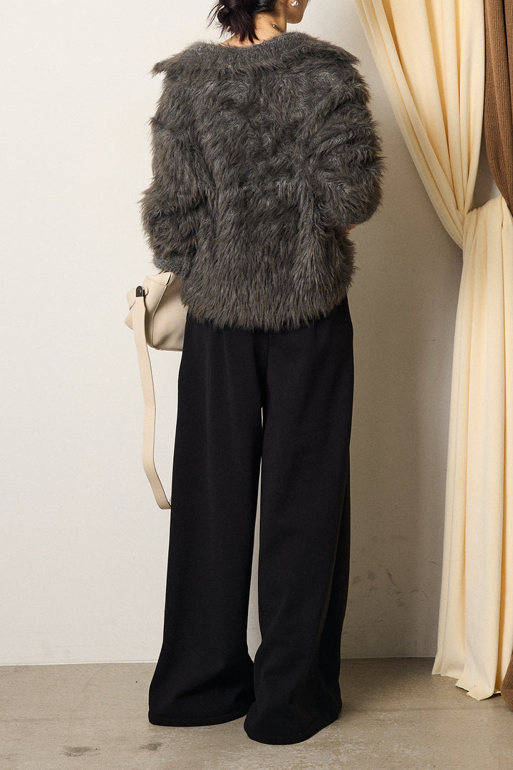 [SET]襟付きシャギーニットカーディガン+サイドベルトパンツ(2set)