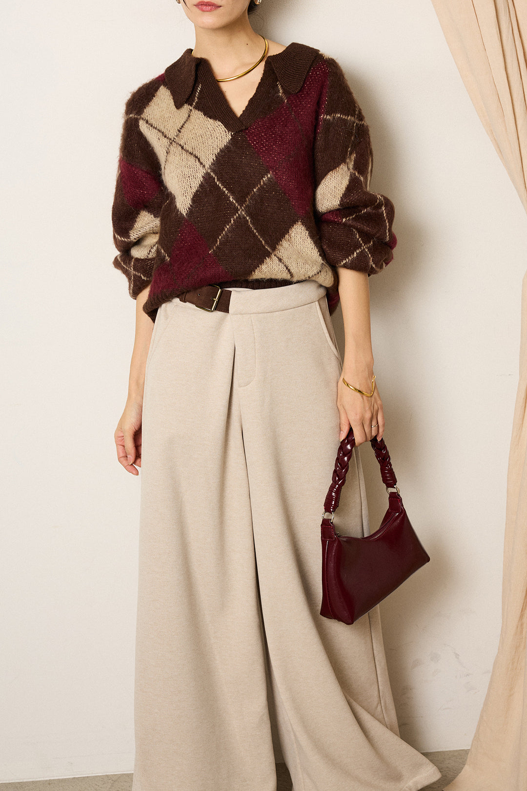 [SET]アクリルモヘアアーガイルキーネックプルオーバー+サイドベルトパンツ(2set)