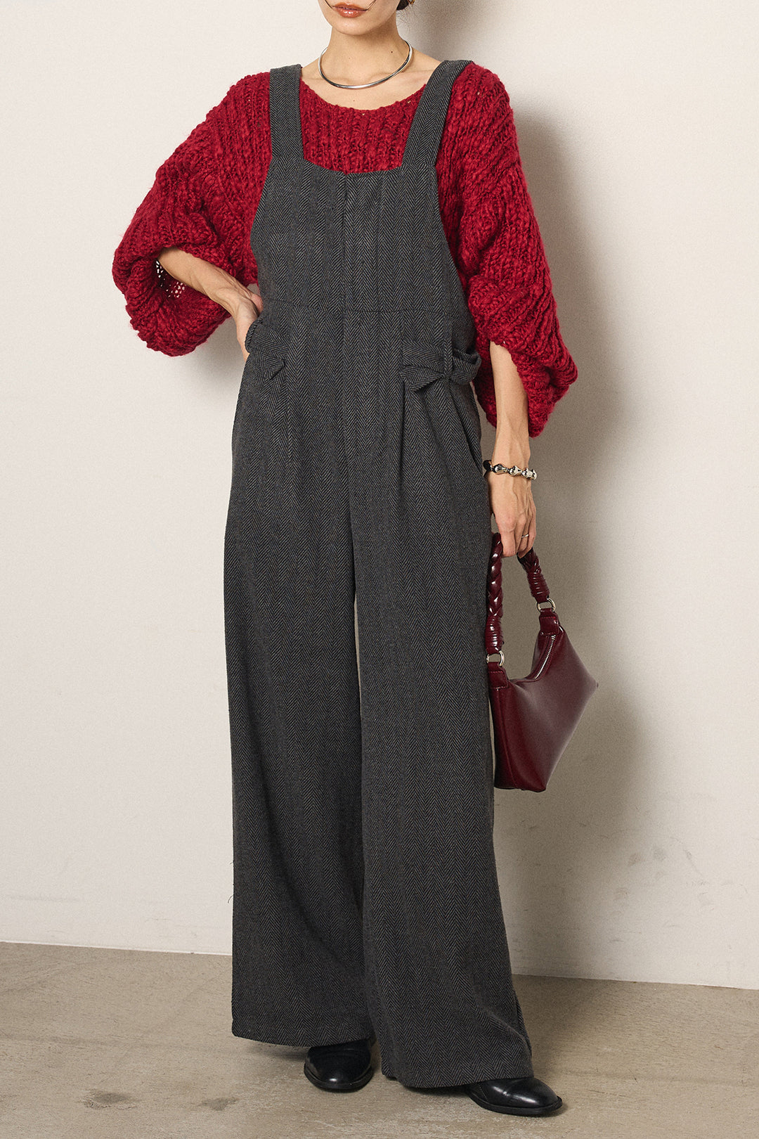 [SET]チャンキースラブニットクロップドプルオーバー+クラシックヘリンボーンサロペット(2set)