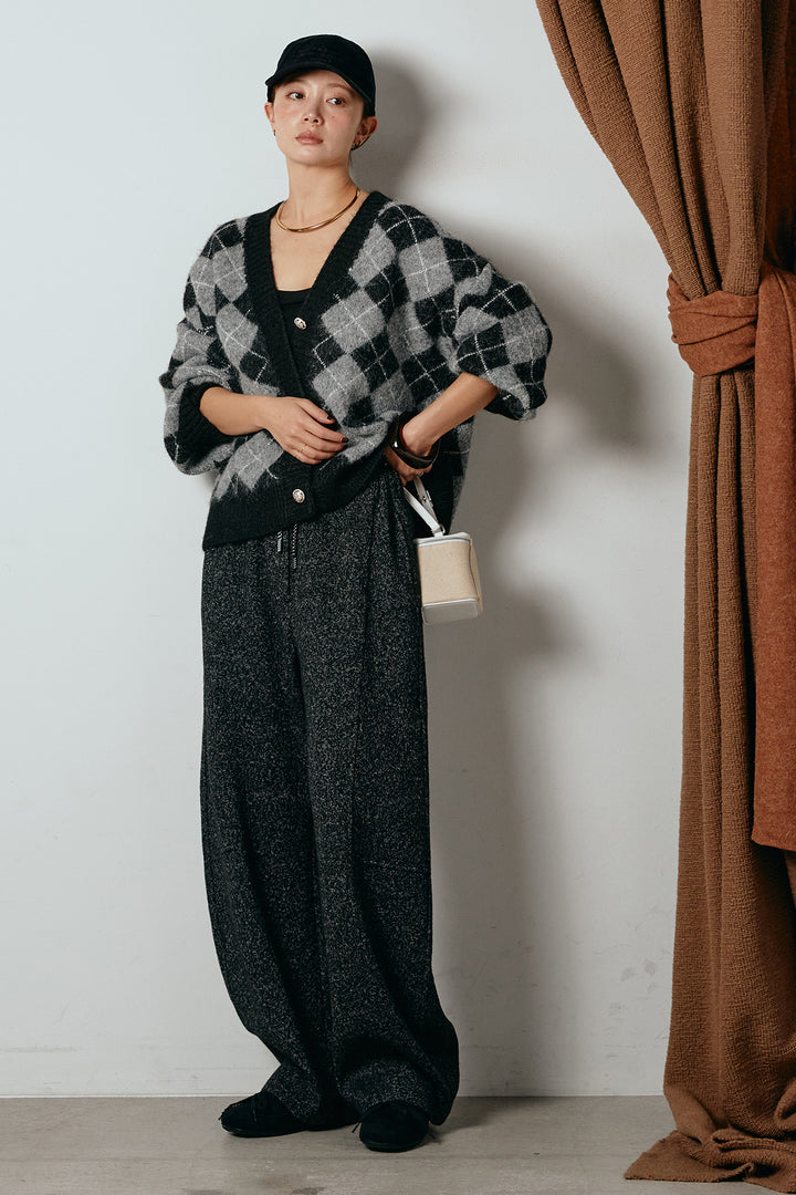 [SET]オーバーサイズ総柄Vネックニットカーディガン+杢ニットフレアパンツ(2set)