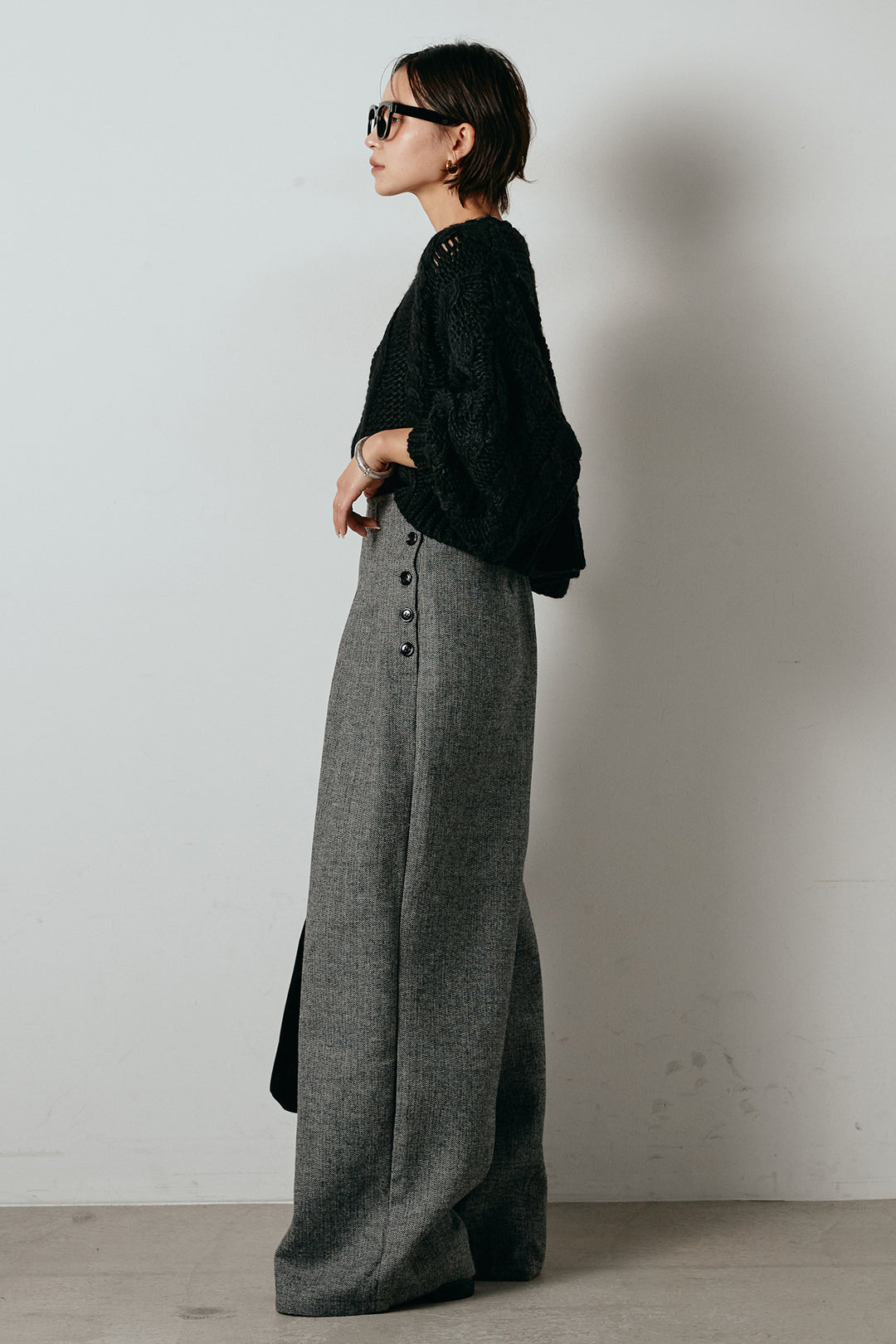 [SET]ロービングケーブルショート丈プルオーバー+サイドボタンツイードタックパンツ(2set)