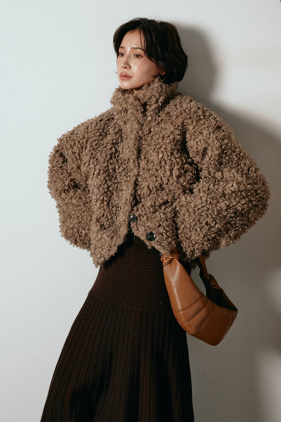 [SET]プードルファーミドルジャケット+編み地切り替えフレアニットスカート(2set)