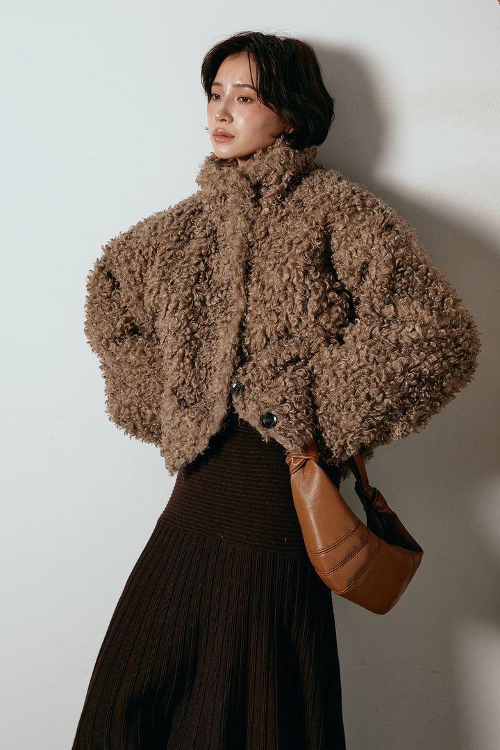 [SET]プードルファーミドルジャケット+編み地切り替えフレアニットスカート(2set)