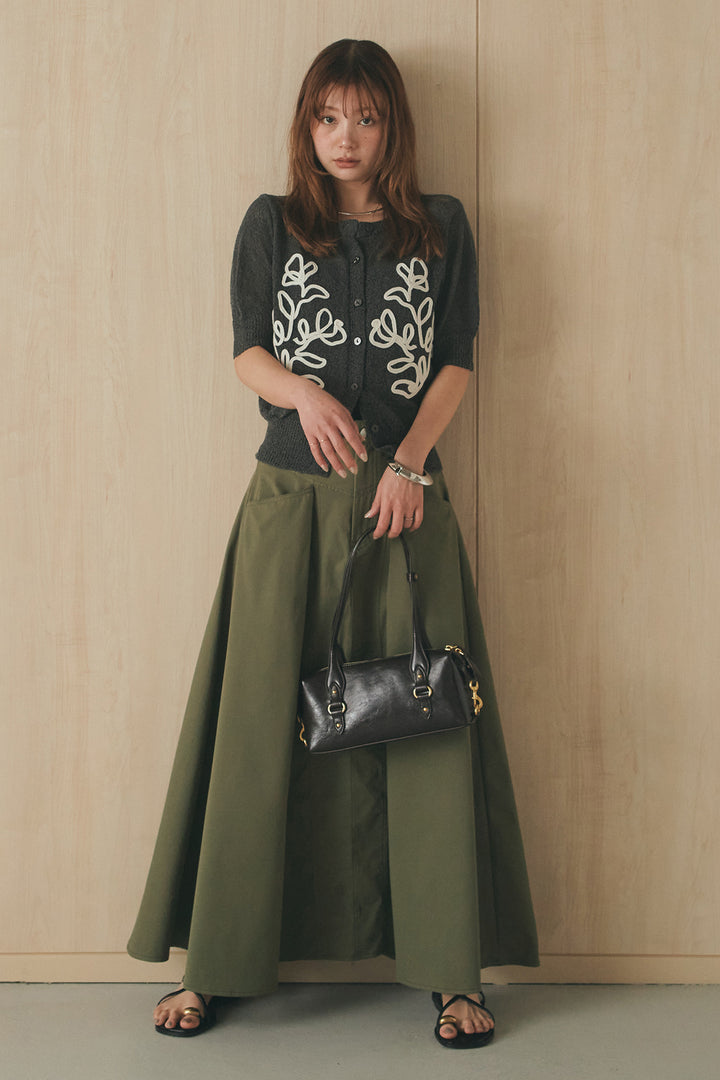 [SET]フロントテープデザイン半袖カーディガン+ミリタリーツイルタックフレアスカート(2set)