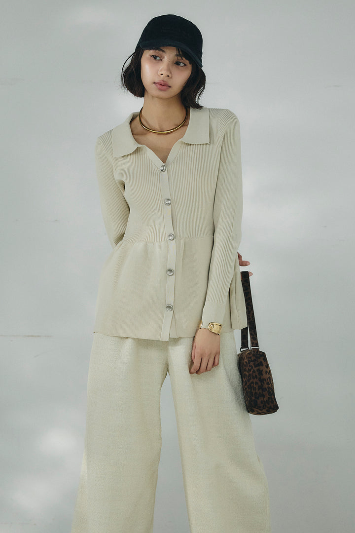 [SET]スキッパーペプラムニット+デニムライクヘリンボーンタックパンツ(2set)