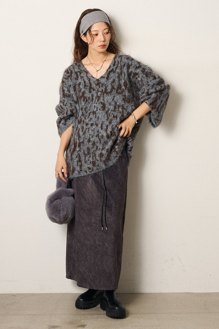 [SET]フラッフィーレオパードシャギーニット+ロープベルト付きスウェード調スカート(2set)