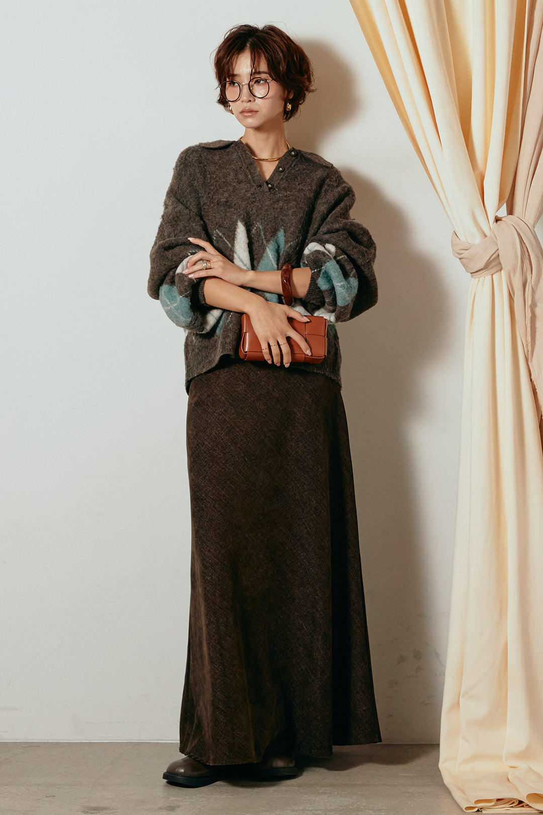 [SET]アーガイル柄ポロニットトップス+スウェードライクロングスカート(2set)