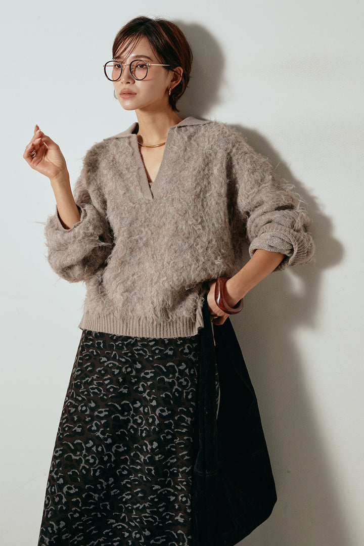 [SET]襟付きシャギーニットポロトップス+レオパードロングスカート(2set)