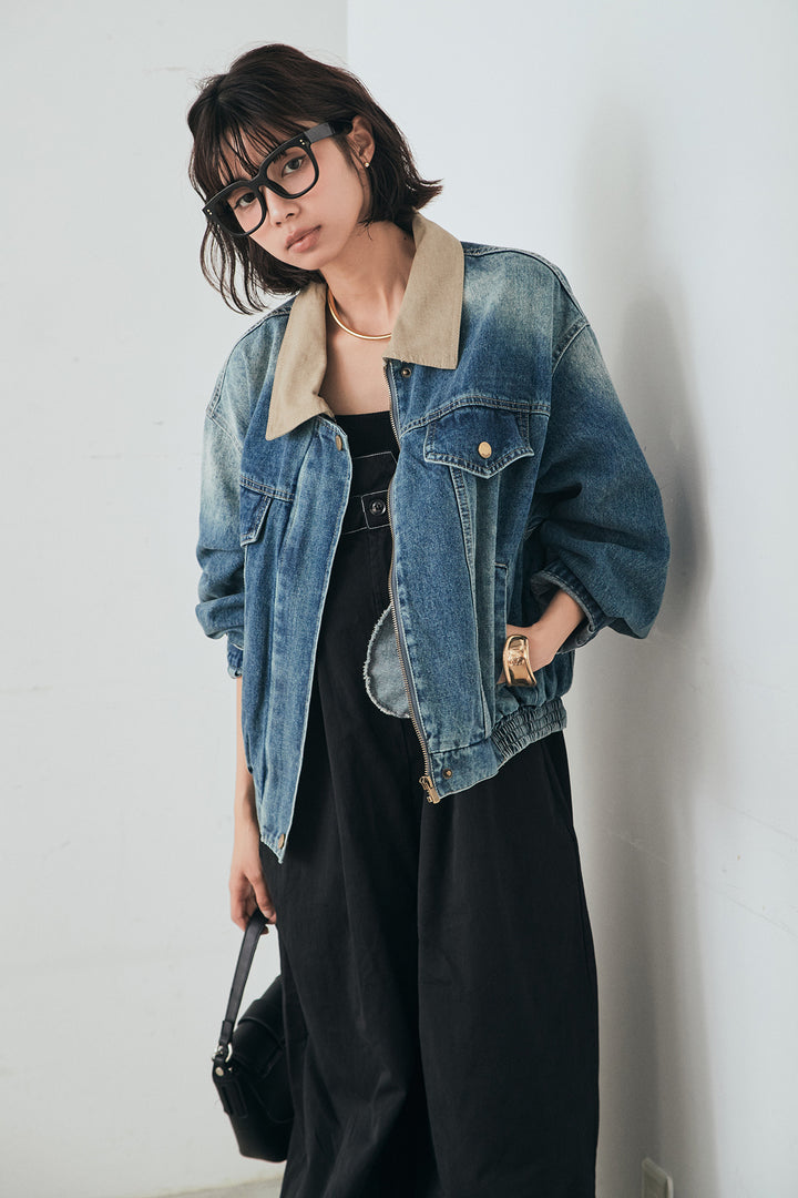 [SET]襟切り替えジップデニムジャケット+綿ツイルアシメサロペット(2set)