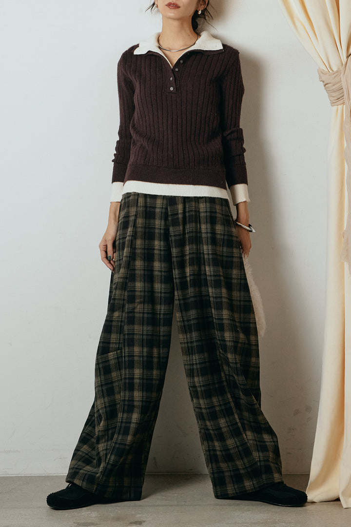 [SET]レイヤード風リブニットトップス+ベルト付きタータンチェックカーブワイドパンツ(2set)