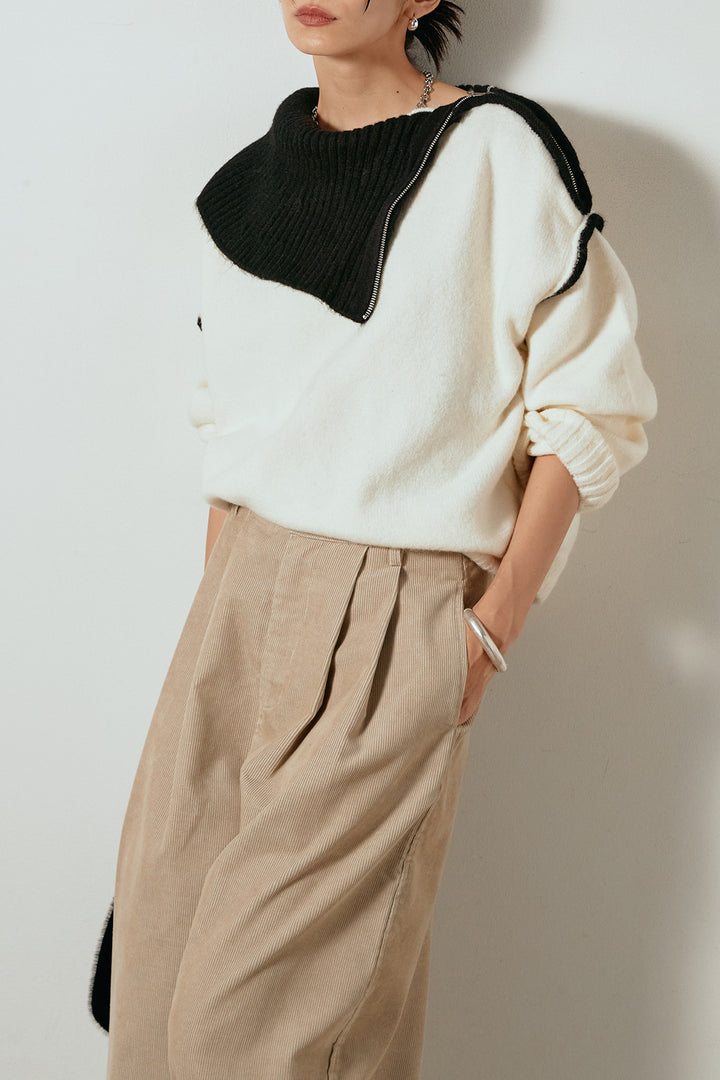 [SET]ハイネックジップデザインニットトップス+フロントタック入りコーデュロイパンツ(2set)