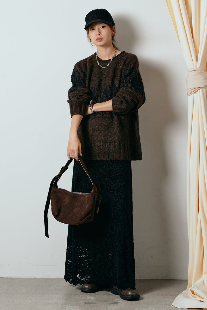 [SET]モノトーン柄ニットトップス+花柄刺繍ベロアフレアスカート(2set)