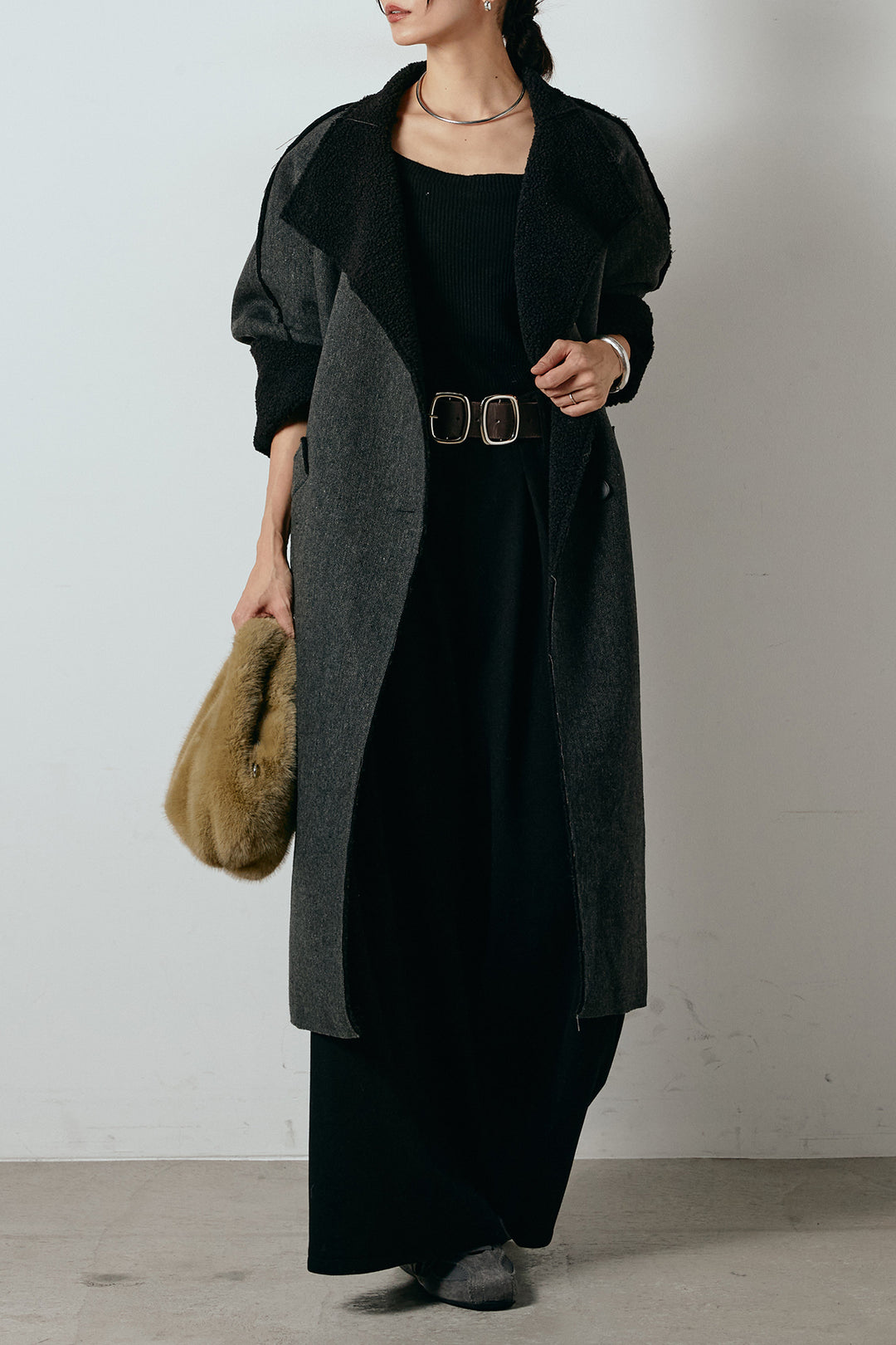 [SET]裏地ボアハイネックロングアウター+フェイクレザー太ベルト付きタックワイドパンツ(2set)
