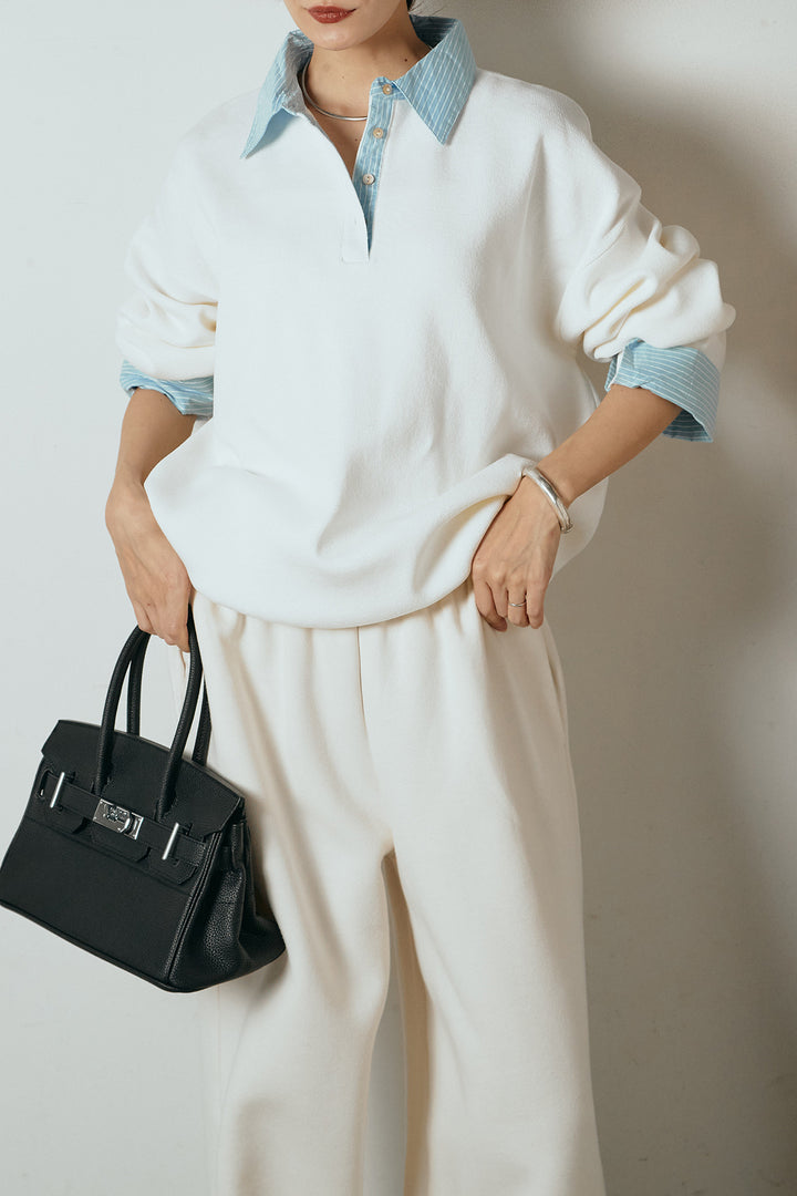 [SET]ストライプシャツドッキングポロトップス+裏起毛スウェットワイドパンツ(2set)