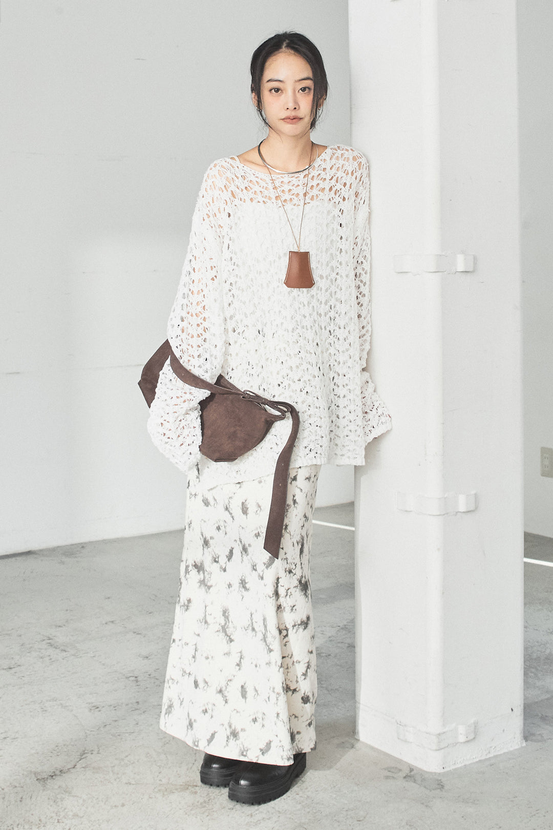 [SET]リラックスメッシュニットトップス+タイダイ柄ベロアワイドスカート(2set)