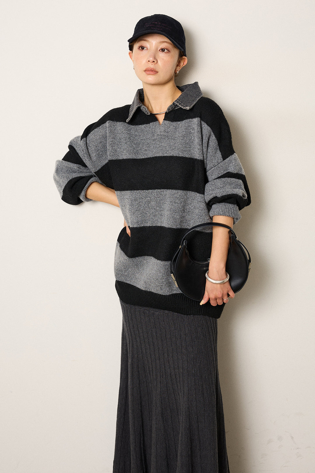 [SET]デニムカラーボーダールーズニット+編み地切り替えフレアニットスカート(2set)