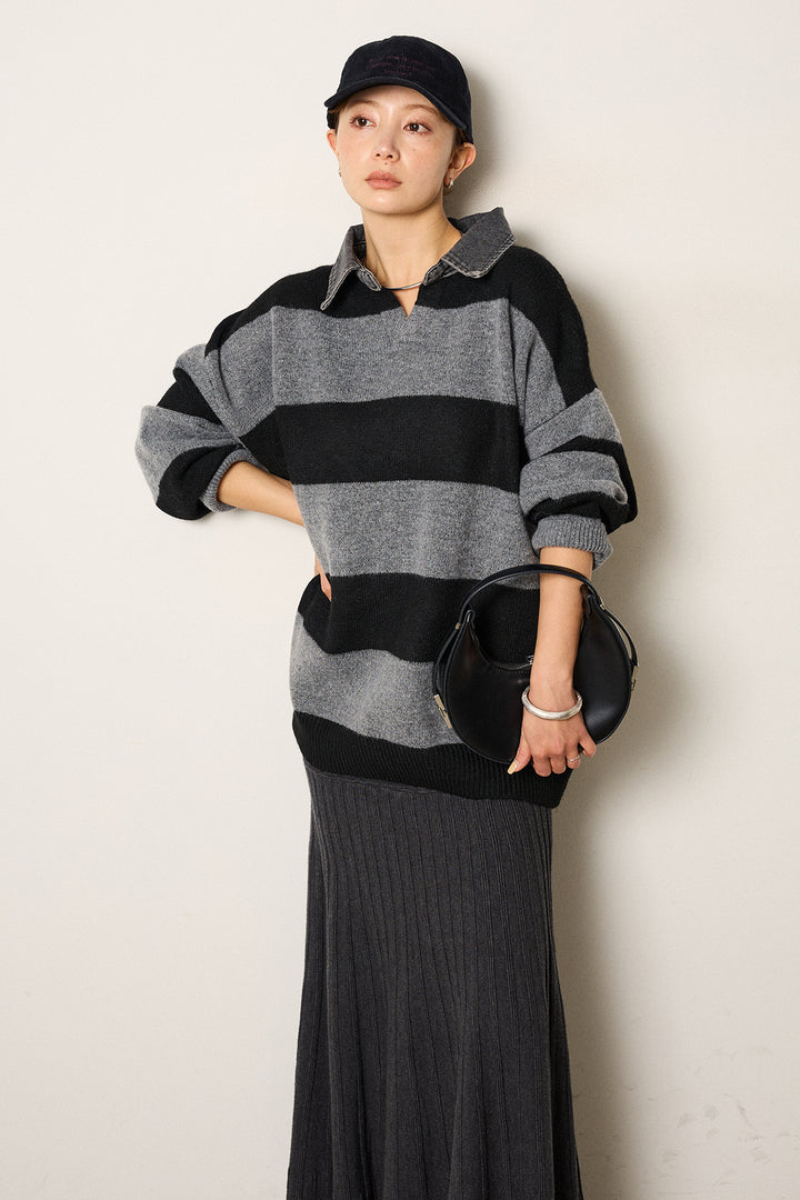 [SET]デニムカラーボーダールーズニット+編み地切り替えフレアニットスカート(2set)