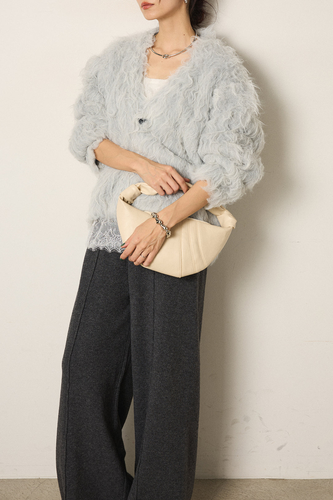 [SET]起毛シャギーニットカーディガン+センターラインニットパンツ(2set)