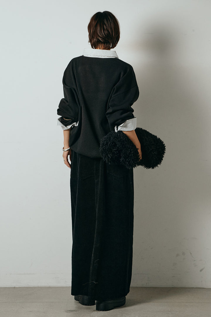 [SET]ストライプシャツドッキングポロトップス+ポーチベルト付きコーデュロイワイドスカート(2set)