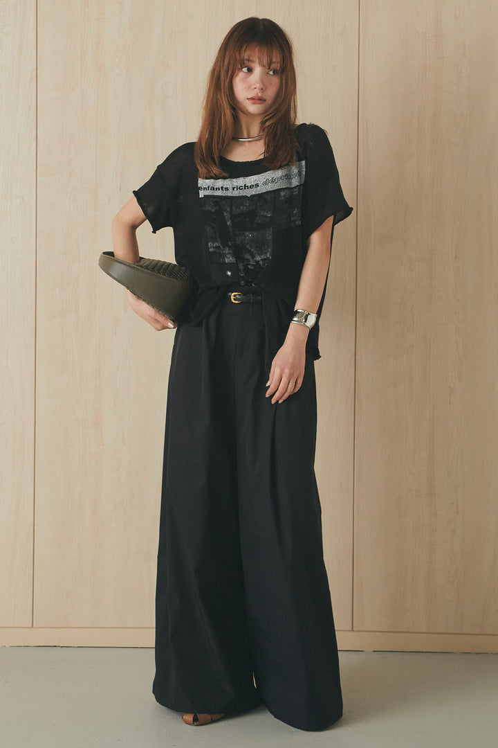 [SET]半袖モノトーングラフィックトップス+ベルトループデザインハイウエストタックパンツ(2set)